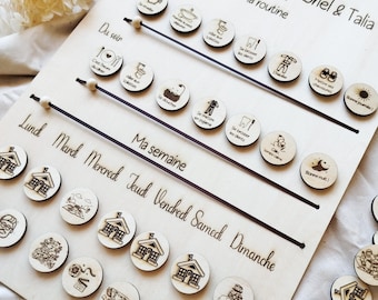 Calendario personalizzato in legno per bambini – Agenda settimanale Montessori per mattina e sera – Organizzazione visiva – Regalo educativo
