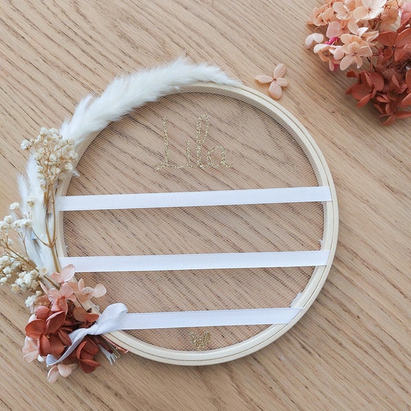 Porte barrette mural en tulle fleurs séchées blanche et terracota