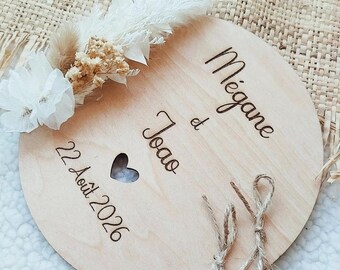 Boho wooden wedding ring bearer pillow with customizable dried flowers