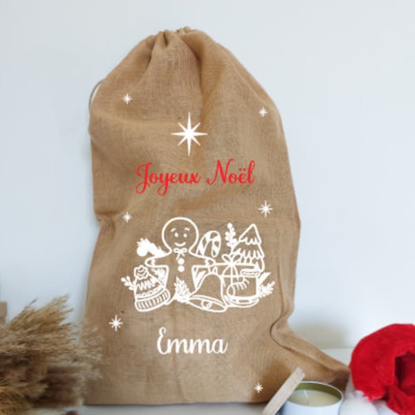 Hotte de Noël, sac pour cadeaux de Noël en toile de jute, personnalisable