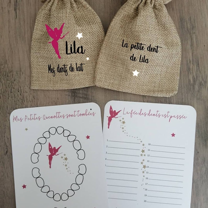 May include: A tooth fairy chart with a pink fairy illustration and a chart to track lost teeth. The chart says "Mes Petites Quenottes sont tomb&eacute;es" and "La f&eacute;e des dents est pass&eacute;e".