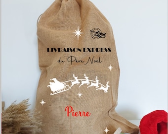 Hotte de Noël, sac pour cadeaux de Noël en toile de jute, personnalisable