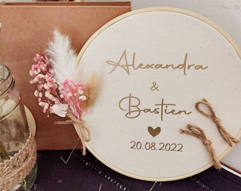 Porta anillos de boda boho, flores secas en tonos rosas, personalizable