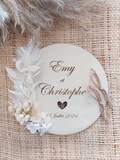 Boho wooden wedding ring holder, customizable dried flowers product logo