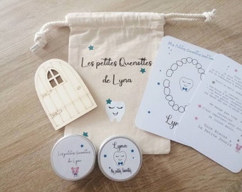 Baby tooth kit with baby tooth box, baby tooth card and letter from the tooth fairy in its little pouch