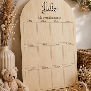 Può includere: Una tavola in legno a forma di arco con il nome Julio e la scritta Ma première année. La tavola include dodici sezioni rettangolari etichettate da 1 Mois a 1 An, progettate per monitorare la crescita di un bambino durante il primo anno.