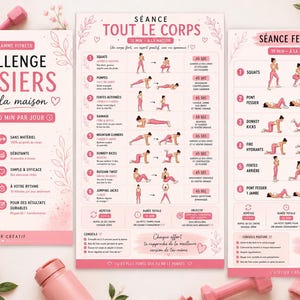 Peut inclure: Affiches d'exercices de fitness roses pour les fessiers et le corps entier. Les affiches comprennent des illustrations d'exercices, du texte et un dessin d'une femme en tenue de sport. Le texte comprend "Challenge Fessiers à la maison" et "10 min par jour".