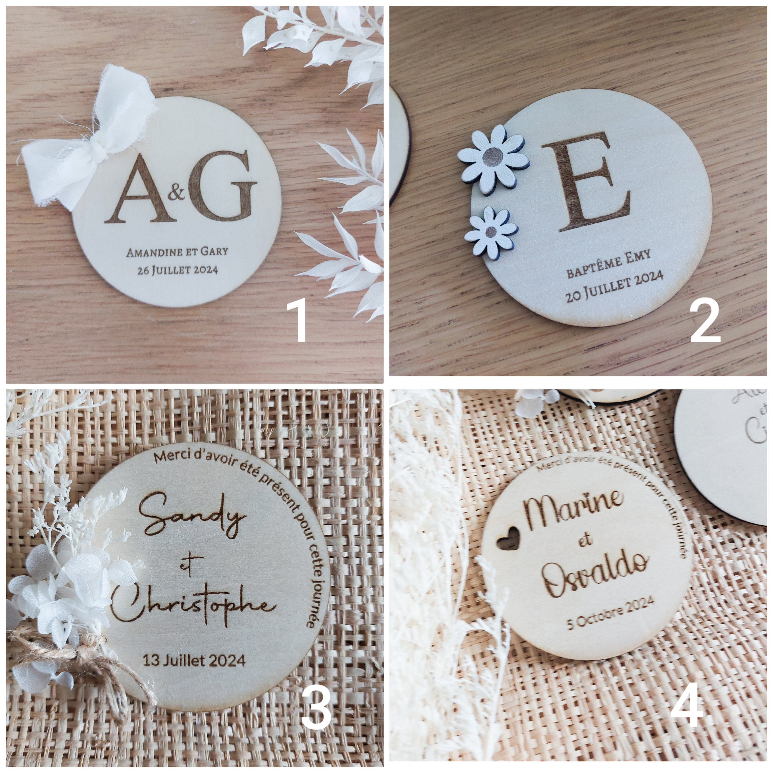Magnets personnalisés en bois pour invités de mariage et événements