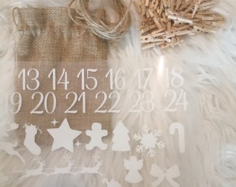 DIY-Adventskalender-Set, anpassbar, mit kleinen Jutesäckchen, Holzklammern und Thermocollant