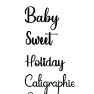 May include: A white background displays the text "Les polices" in a brown, handwritten font. Below, five words are written in black, stylized fonts: Baby, Sweet, Holiday, Caligraphie, and Conectic.
