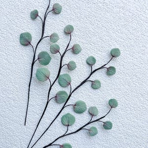 May include: Two decorative botanical stems featuring thin, dark brown branches and small, rounded, sage green leaves. The leaves are arranged in pairs along the slender stems, creating a delicate, branching structure with a natural appearance.