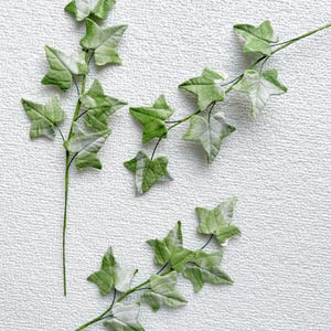 May include: Three artificial ivy vine stems featuring variegated leaves in shades of light green and white. Each stem consists of a thin, flexible green wire base with multiple pointed, lobed leaves attached along the length of the vine.