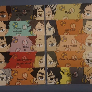 May include: A set of 10 colorful bookmarks featuring anime characters with text such as "World", "Little by little", "You can fly even higher", "What more do you need than pride?", "Omi-Oni", "Win together", "Thanks for teaching me how to play volleyball", "Miracle Boy", "You're the greatest partner I've ever had", and "Makes you happy and that's love".