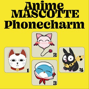 May include: Three anime phone charms. The first charm is a white cat with black eyes and a red collar. The second charm is a pink fluffy creature with a red tail. The third charm is a blue bird with a red scarf and white sailor hat.