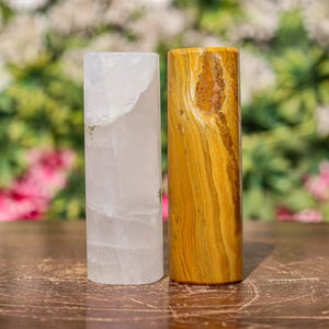 Petalite Quartz & Yellow Jasper Harmonizers: Energy Balancing Decor (2pc Set)
