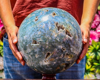 10&quot; Blue Moss Agate Sphere: Wealth & Protection Crystal
