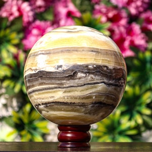 Energizing Yellow Zebra Phantom Calcite Crystal Sphere - 6&quot; Handmade Meditation Stone Ball, Perfect for Spirit Healing & Mindfulness Gifts