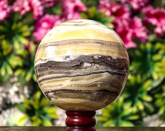 Yellow Zebra Calcite Crystal Sphere: 6.5&quot; Handmade Meditation Stone