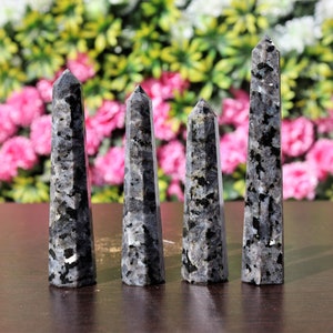 Larvikite Crystal Tower Set (4pc): Blue Pearl Decor Stone, Manifesting Wealth