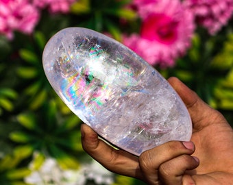 Clear Crystal Quartz Lingam 155MM - Handcrafted Healing & Aura Balancing Stone, Rainbow Inside, Metaphysical Spirit Gift