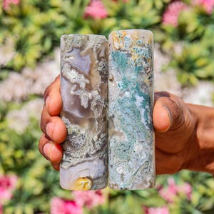 Moss Agate Harmonizers (2pc Set): 4&quot; Mineral Sample