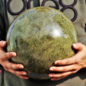 10&quot; Vesuvianite Sphere: Green Chakra Stone with Tumbled Stones
