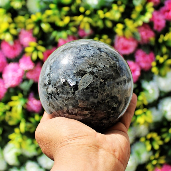 Large 105MM Natural Grey Larvikite Blue Pearl Aura Healing Spirit Stone Hand Made Sphere Ball