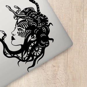 Op de afbeelding: Zwart-witte silhouet van Medusa, een mythische Griekse figuur met slangenhaar, op een grijze achtergrond.