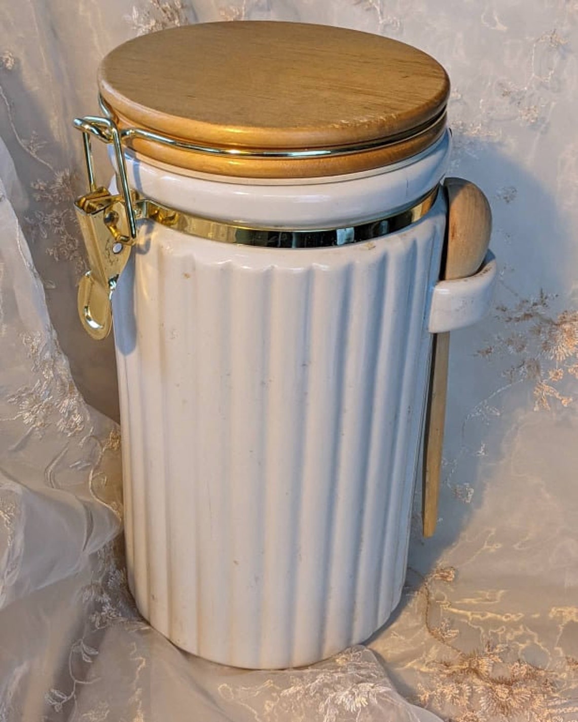 All White Ribbed Ceramic Canister with Wooden Spoon Etsy