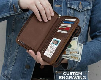 Portafoglio organizer personalizzato in pelle vintage con libretto degli assegni e incisione personalizzata