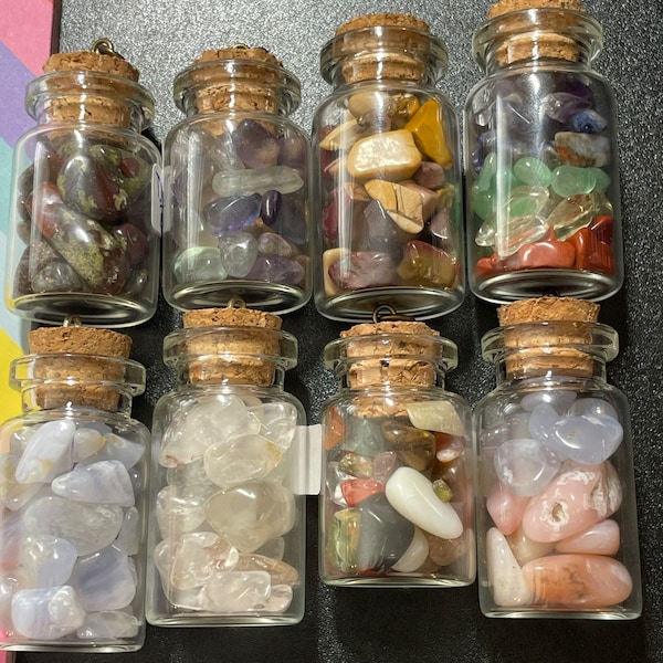 One Randomly Chosen Crystal Chip Jar Pendant. Preferences are not guaranteed. Necklace chain optional. Second jar optional.