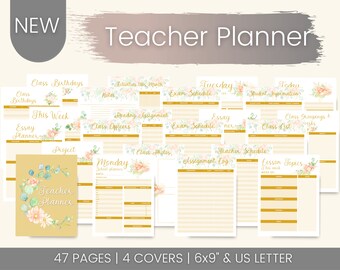 May include: A teacher planner with a floral design, featuring pages for class birthdays, exam schedules, and lesson topics. The planner includes 47 pages, 4 covers, and is sized at 6x9 inches and US Letter.