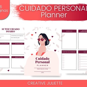 Puede incluir: Un planificador titulado "Cuidado Personal Planner" con una pancarta roja y el texto "6 Páginas". El planificador presenta secciones para el autocuidado diario, hábitos saludables, ejercicio y notas. El diseño incluye ilustraciones y el texto "CREATIVE JULIETTE."