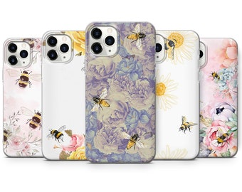 HONEY BEE iPhone Case bumble bee flowers roses watercolor silicone phone case cover fits iPhone 15 14 13 6 7 8 10 11 12 Pro Max Mini SE