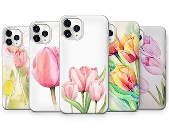 TULIPS iPhone Case flower botanical spring watercolor silicone phone case cover fits iPhone 13 6 7 8 10 11 12 14 15 Pro Max Mini SE models