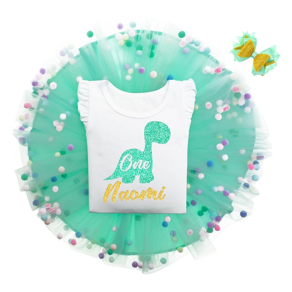 Dinosaur Birthday Outfit, Mint Green Pom Pom Tutu For Infant Girl