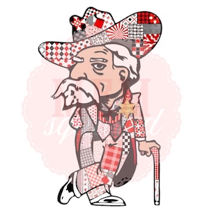 May include: Cartoon illustration of an elderly man in a patchwork cowboy hat and suit, leaning on a cane. The hat and suit feature red, black, and white patterns. A sheriff's badge is pinned to his chest.