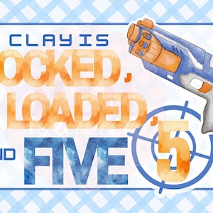 May include: A watercolor-style graphic with a blue and orange toy gun, a target with the number 5, and the text "CLAY IS LOCKED, LOADED, AND FIVE" on a light blue checkered background.
