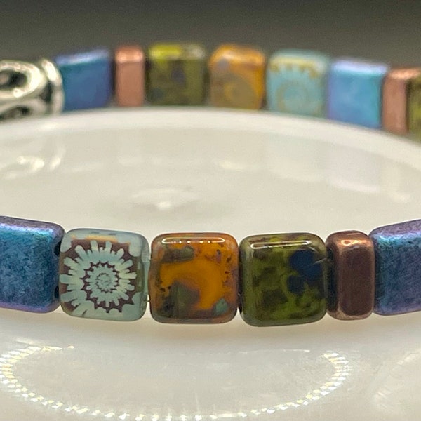 Czechmates Picasso tile beaded bracelet. Tie dye etched glass unique olive and bronze