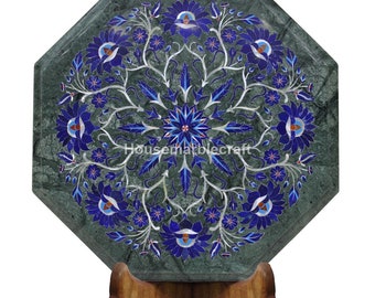 Octagonal Green Marble Side Table Top: Floral Inlay, Handmade Decor