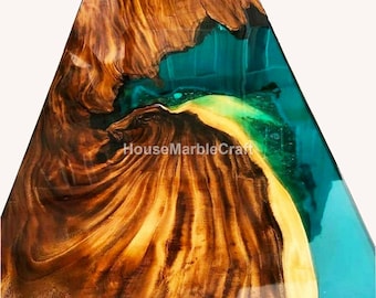 Blue Epoxy Resin River Coffee Table, Live Edge Rustic Wood