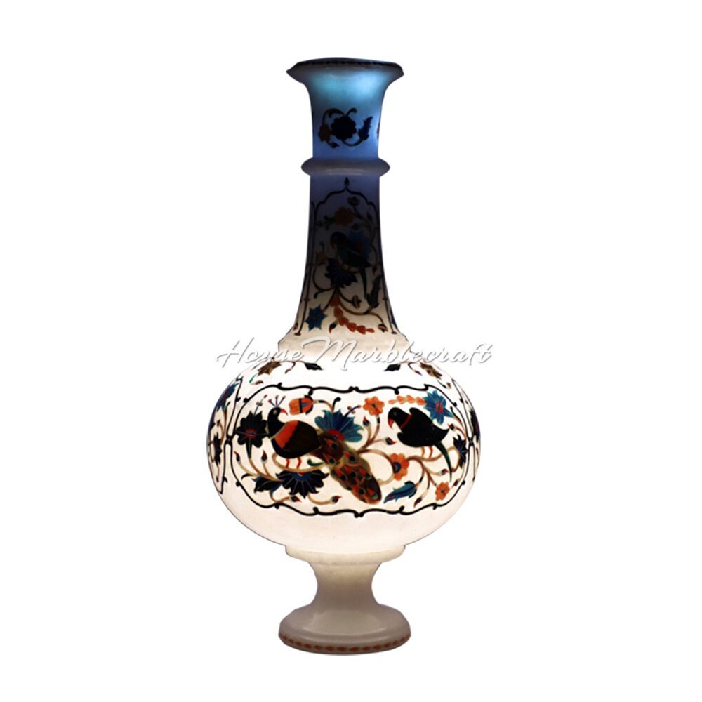 インド大理石　壺 手作り大理石製花瓶：インドの象嵌宝石デザイン、高さ20インチ