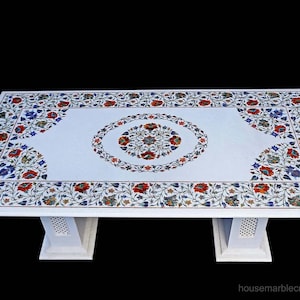 Handgemaakte eettafel van wit marmer (Pietra Dura) | Inlegwerk met bloemenmotief, rechthoekig luxe meubel