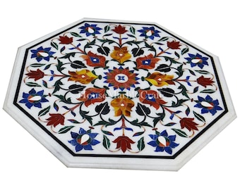 White Marble Inlay Table Top, Lapis Lazuli & Onyx Pietra Dura Art