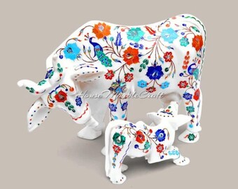 Handcarved Marble Cow and Calf Sculpture, Gemstone Inlay Art