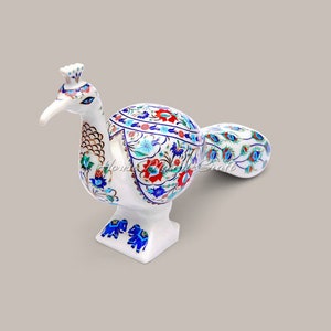 Floral Inlay Marble Peacock Figurine: Handmade Stone Statue (6x2x4 inches)