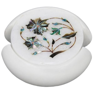 Round White Marble Coaster Set Inlaid Paua Shell  Handmade Art, Tea Coaster, Drinkware Coasters
