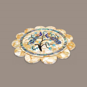 White Marble Serving Plate Peacock Inlay Design Mother of Pearl Inlay Stone Plate Vintage Home Decorative Tray Kitchen Dining Table Decor