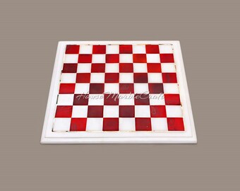 Handgemaakt marmeren schaakbord ingelegd, edelsteenaccenten, 12 inch