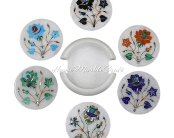 Round Marble Inlay Tea Coaster Set Serving For Guests  Handmade Art, Tea Coaster, Drinkware Coasters